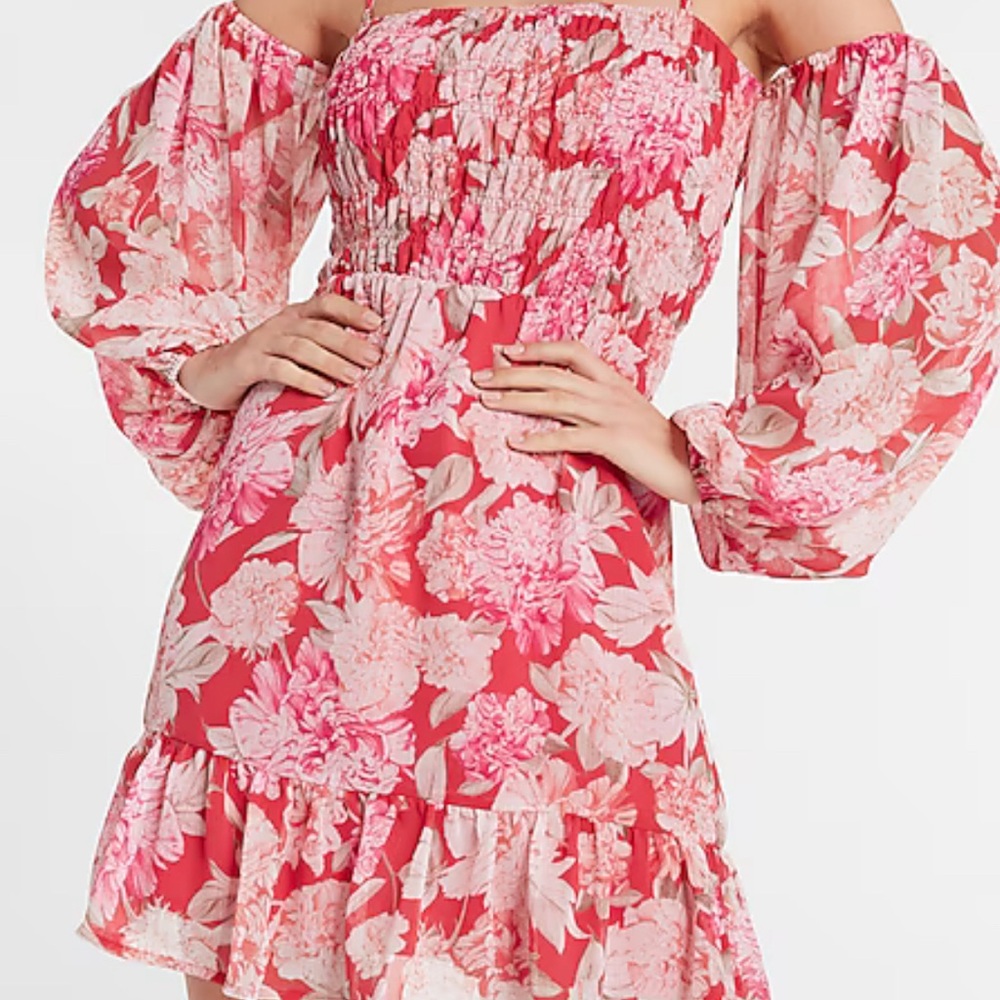 Floral Print Chiffon Off The Shoulder Smocked Mini Dress